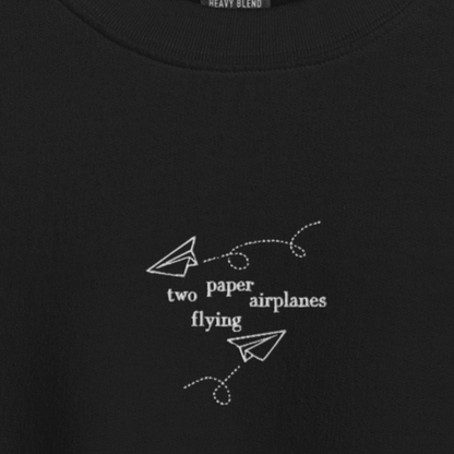 Two Paper Airplanes Flying - White Thread Embroidery Crew Neck