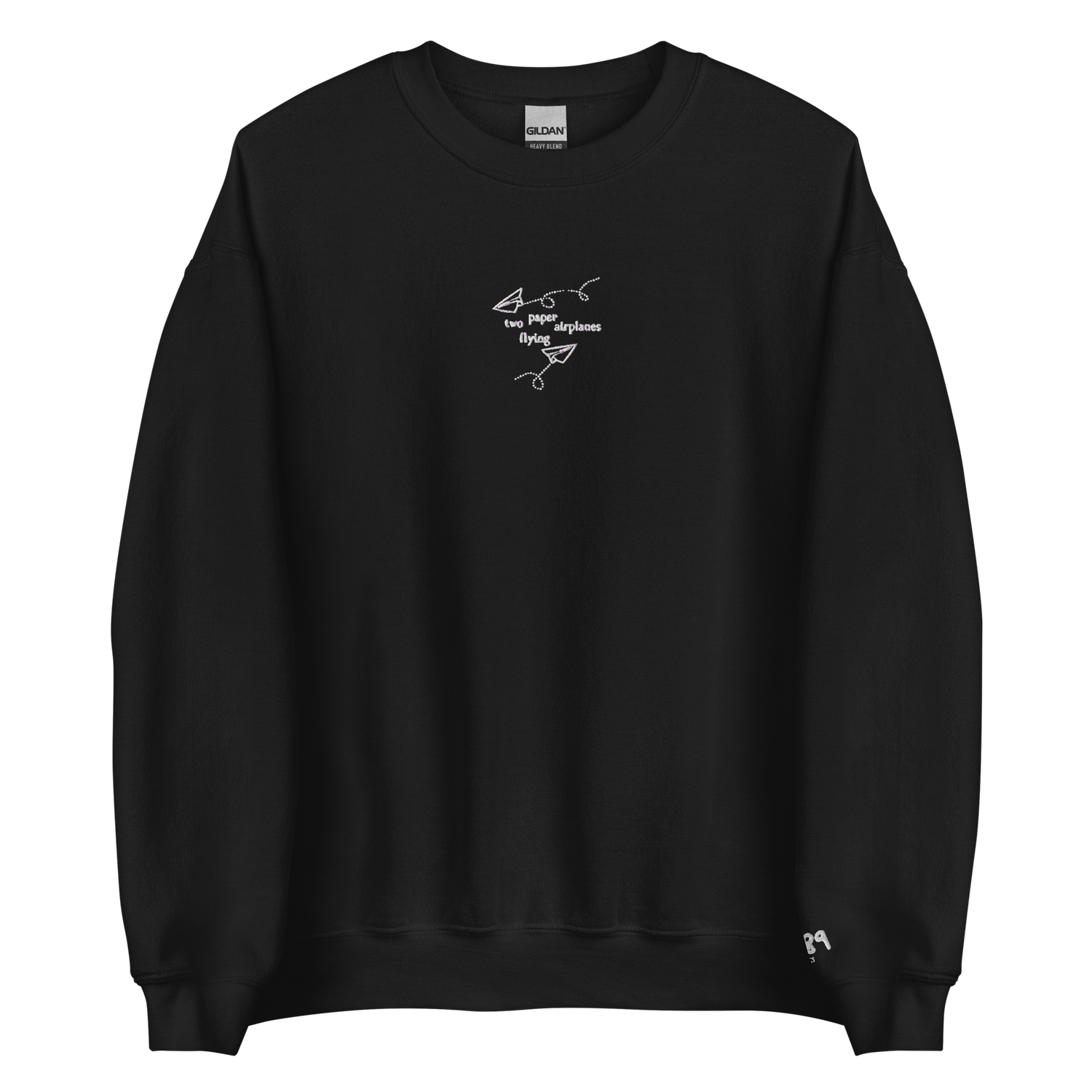 Two Paper Airplanes Flying - White Thread Embroidery Crew Neck