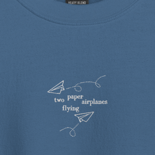 Two Paper Airplanes Flying - White Thread Embroidery Crew Neck