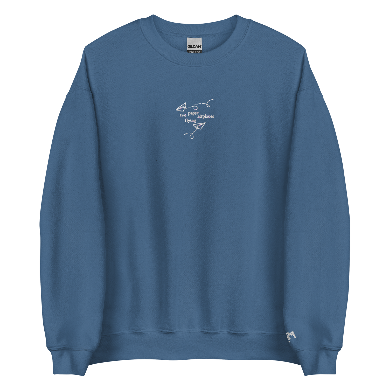 Two Paper Airplanes Flying - White Thread Embroidery Crew Neck