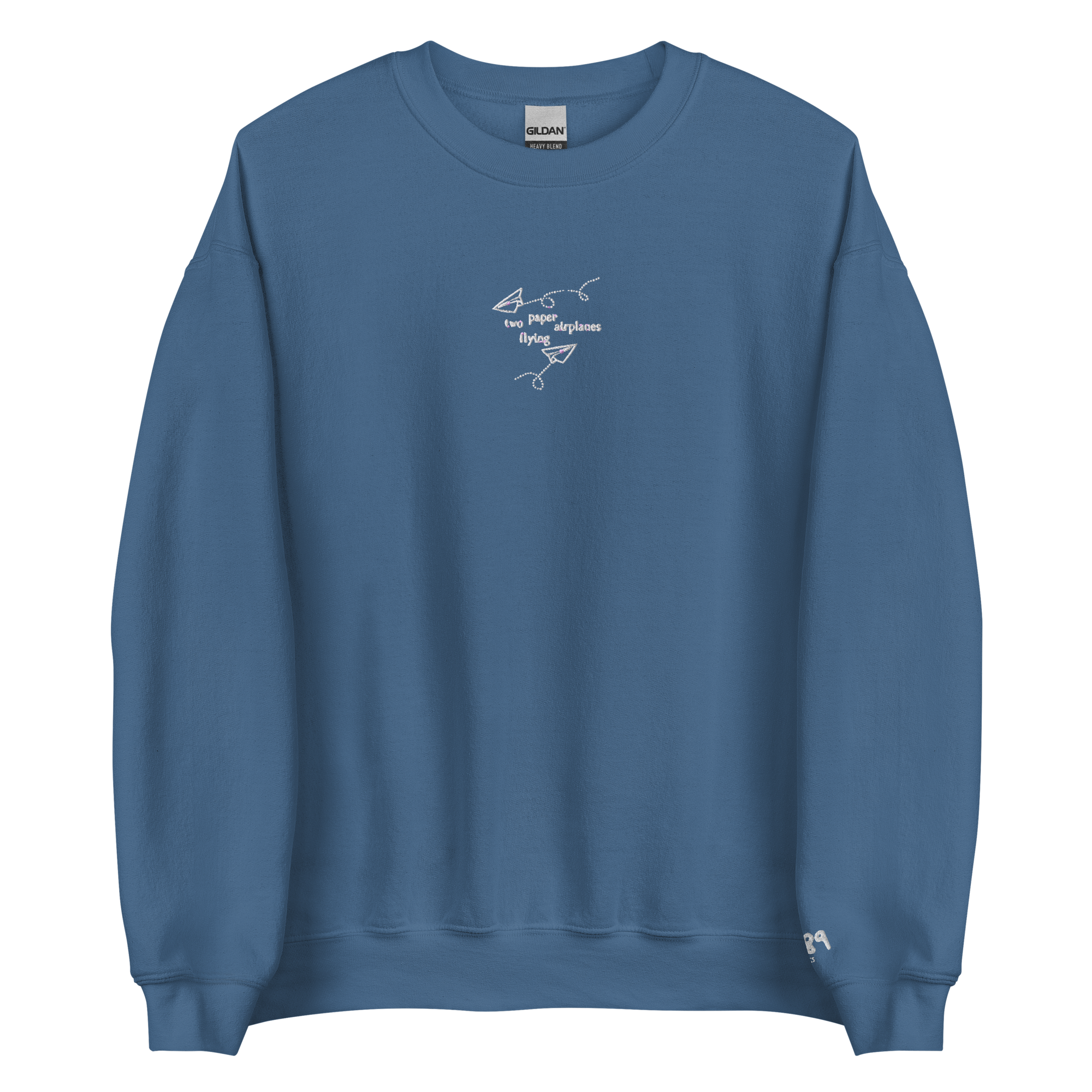 Two Paper Airplanes Flying - White Thread Embroidery Crew Neck