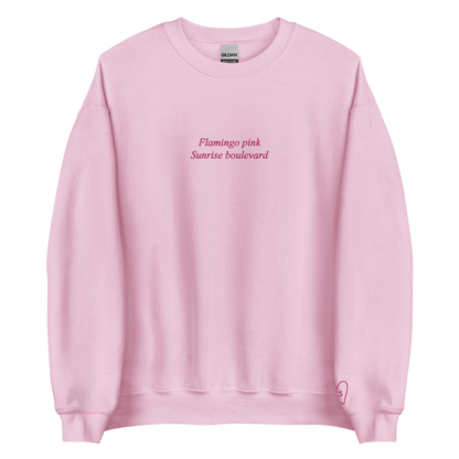 Flamingo Pink, Sunrise Boulevard - Embroidered Crew Neck