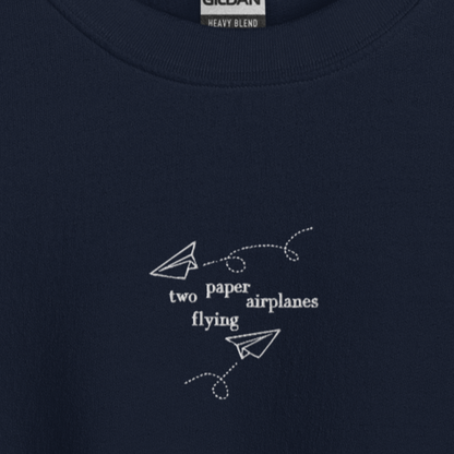 Two Paper Airplanes Flying - White Thread Embroidery Crew Neck