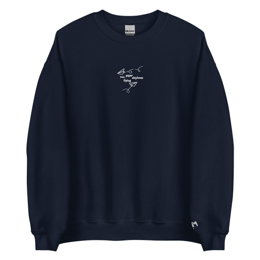 Two Paper Airplanes Flying - White Thread Embroidery Crew Neck