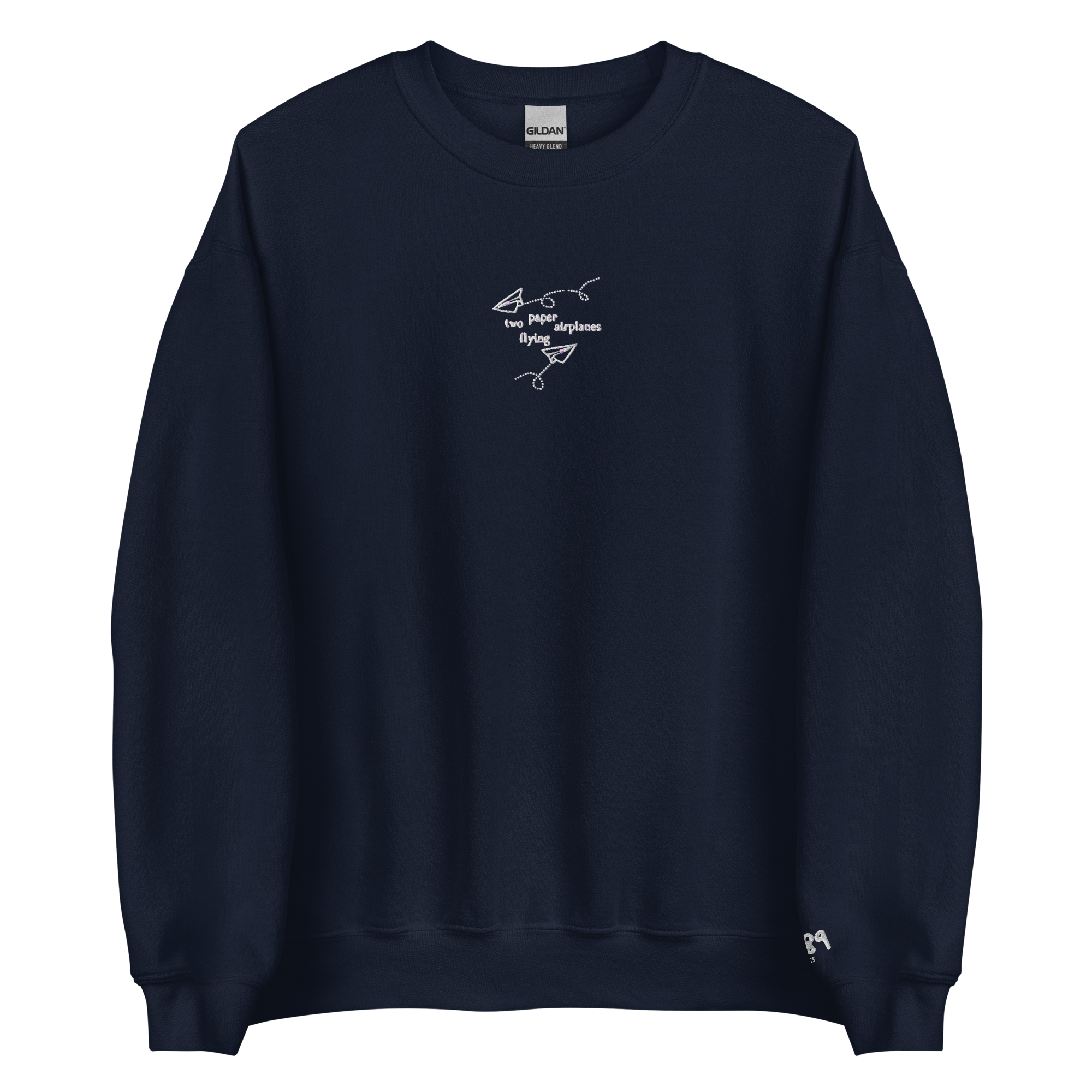 Two Paper Airplanes Flying - White Thread Embroidery Crew Neck